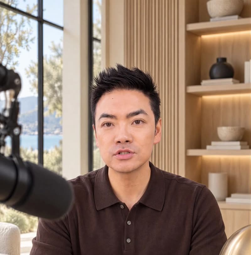 Calvin's digital twin speaking into a studio microphone